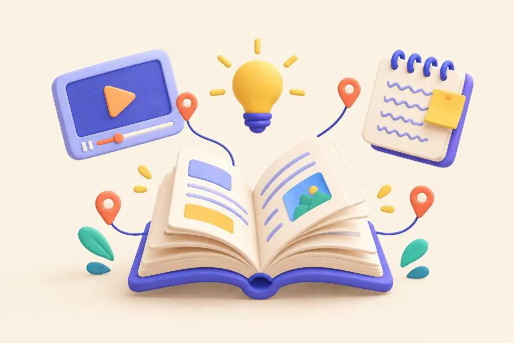Open book connected to lesson video, notes and a glowing study idea