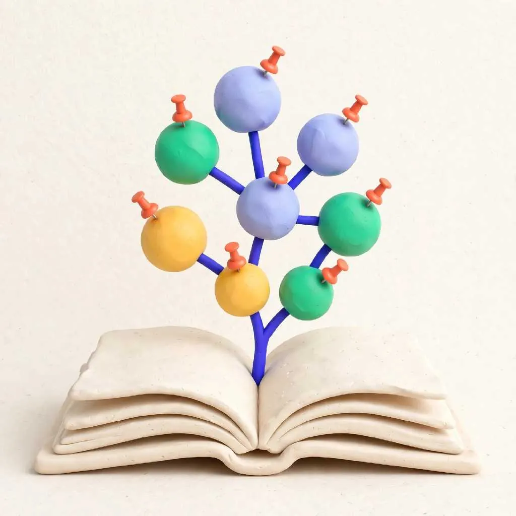Clay-style open book with connected nodes representing a topic map