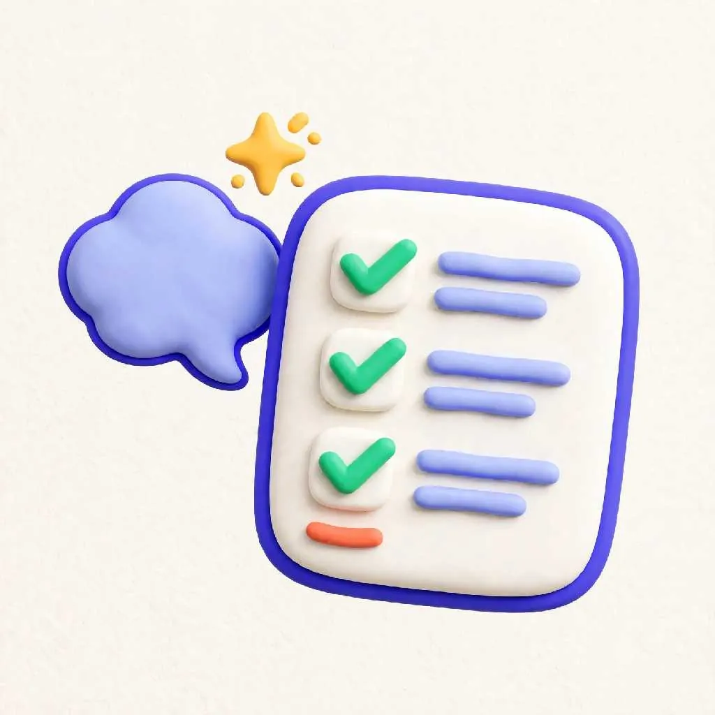 Clay-style checklist and blank chat bubble representing a quiz or tutor chat
